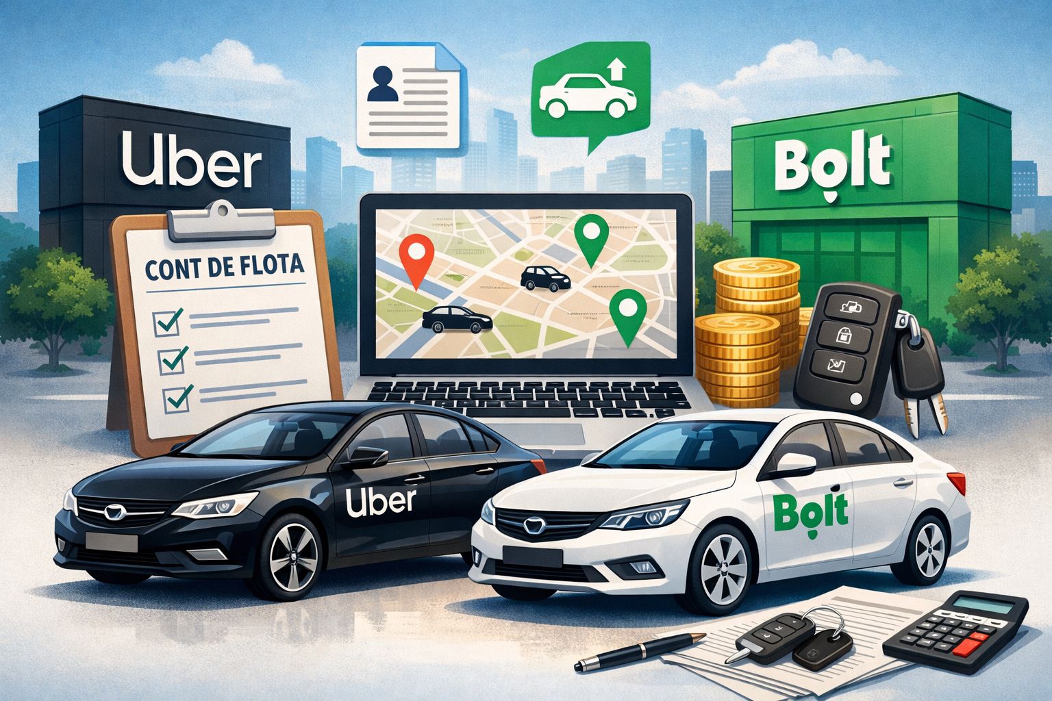 Ilustratie reprezentativa pentru deschiderea unui cont de flota Uber si Bolt, cu doua masini de ridesharing, documente, chei auto si simboluri administrative.
