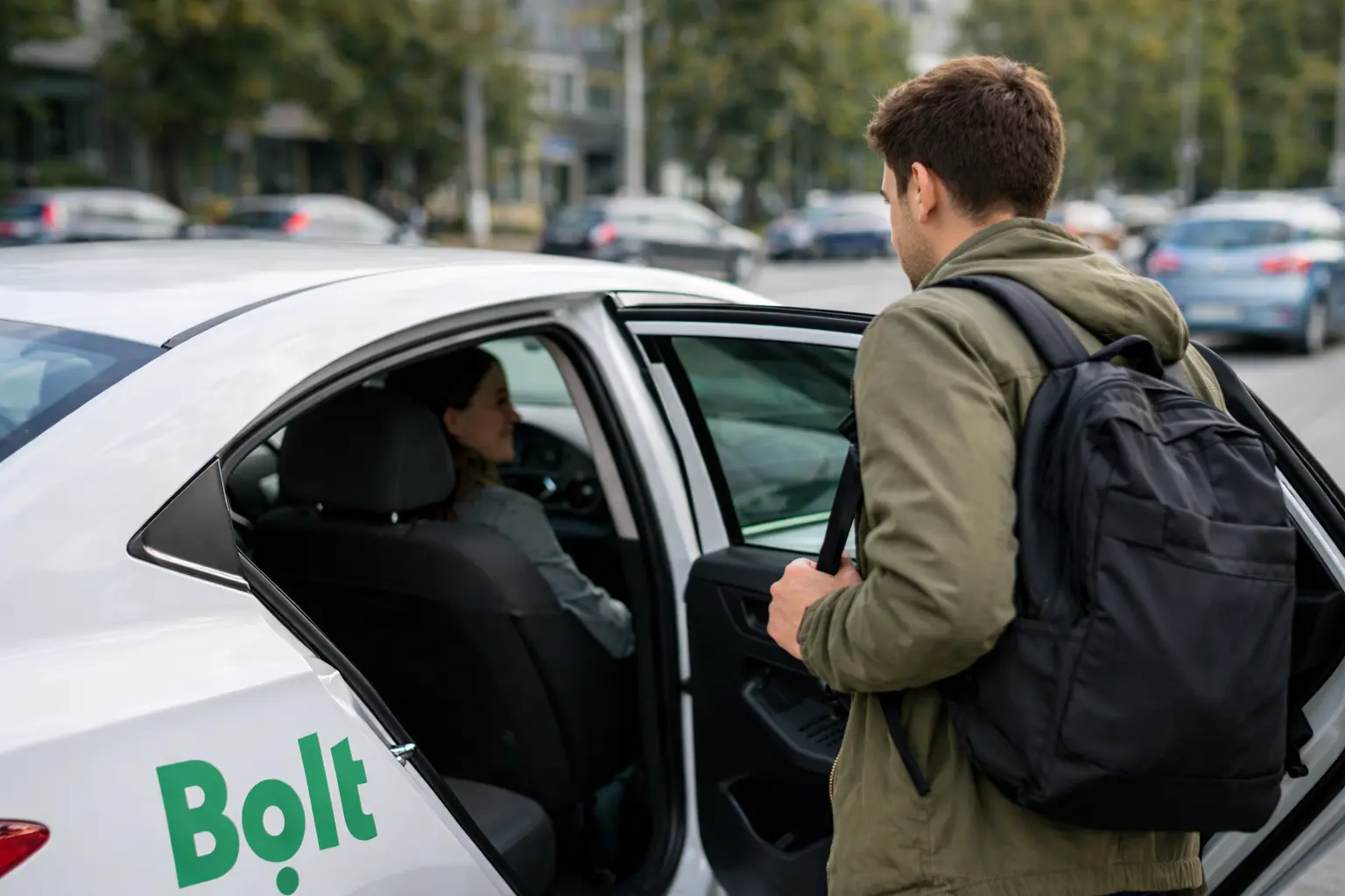 Masina Bolt cu pasager care urca in autoturism, imagine pentru articol despre conditii masina Bolt si lista masini Bolt
