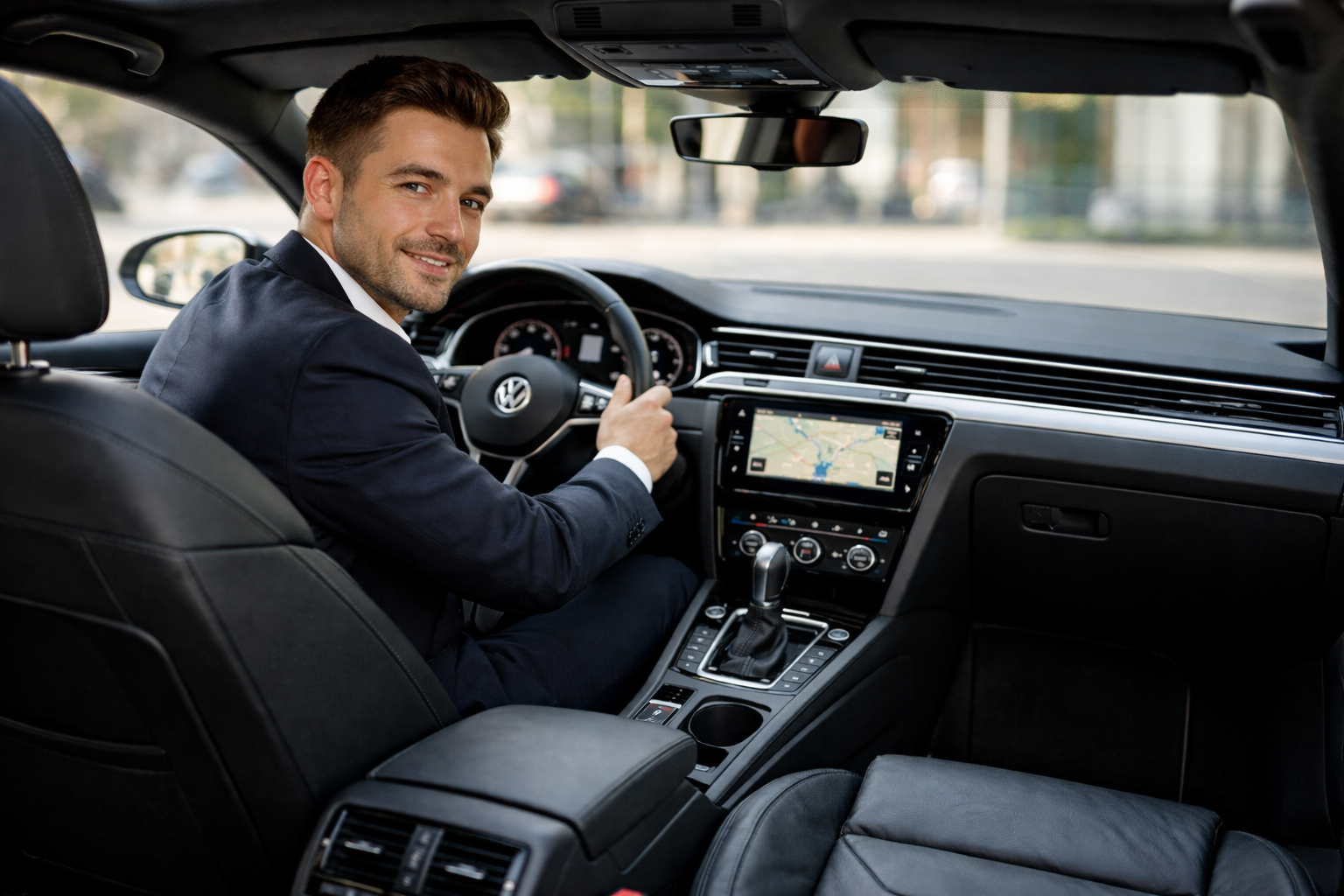 Cum devii sofer Uber sau Bolt in 2026 - sofer elegant in costum la volanul unui Volkswagen Arteon