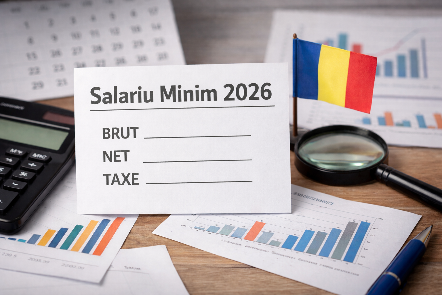 Ilustratie reprezentativa despre salariu minim pe economie 2026 in Romania, cu documente, calculator si elemente de birou