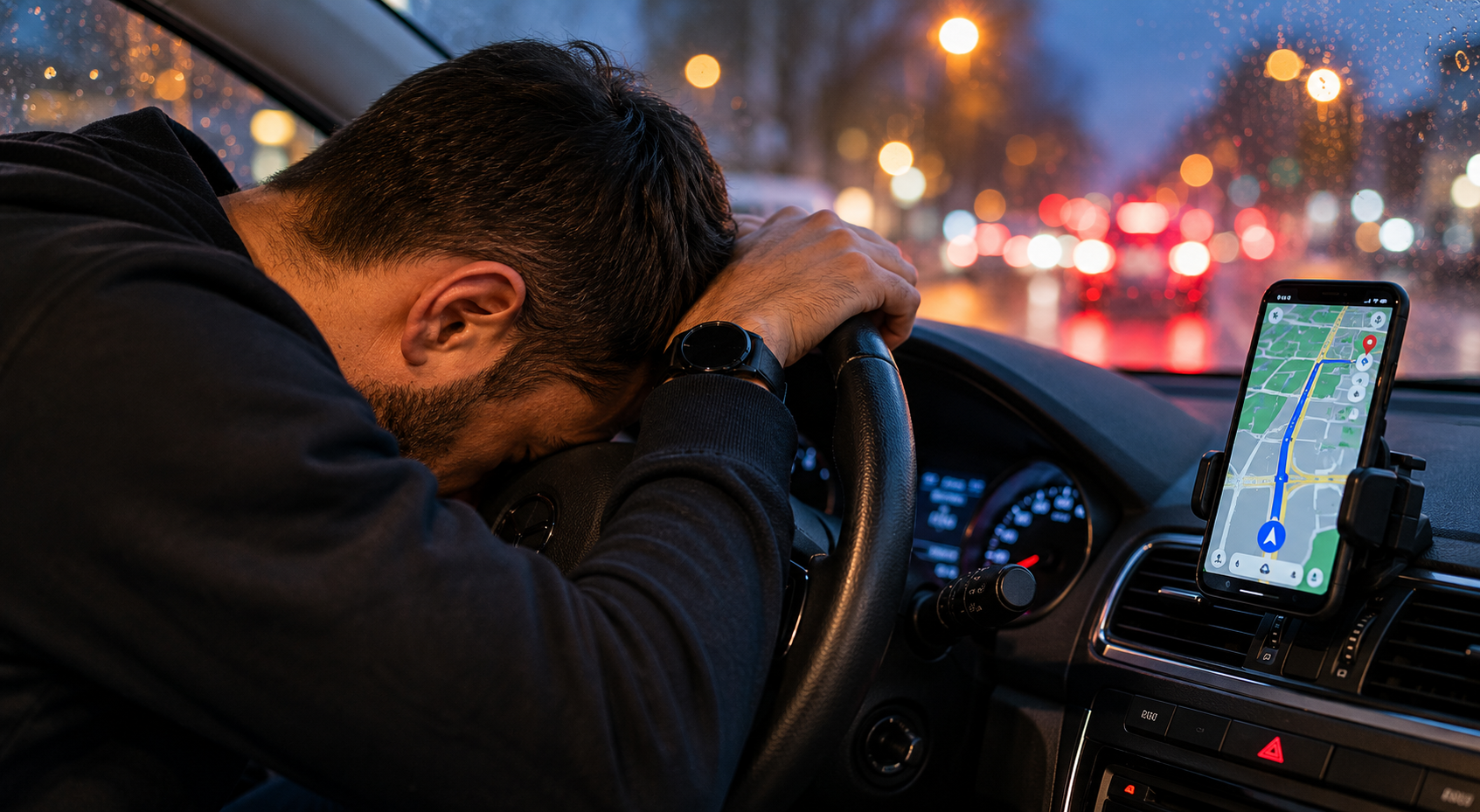 Inchidere sau suspendare PFA Uber si Bolt, sofer obosit cu capul pe volan si aplicatie de navigatie deschisa pe telefon