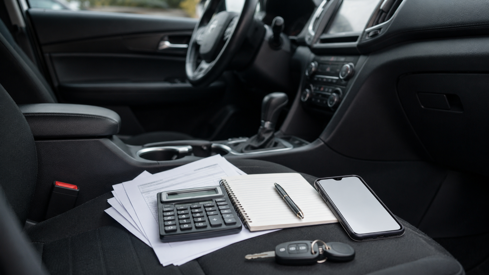 CASS si CAS pentru PFA Uber si Bolt, cu acte, calculator, telefon si chei auto pe scaunul unei masini