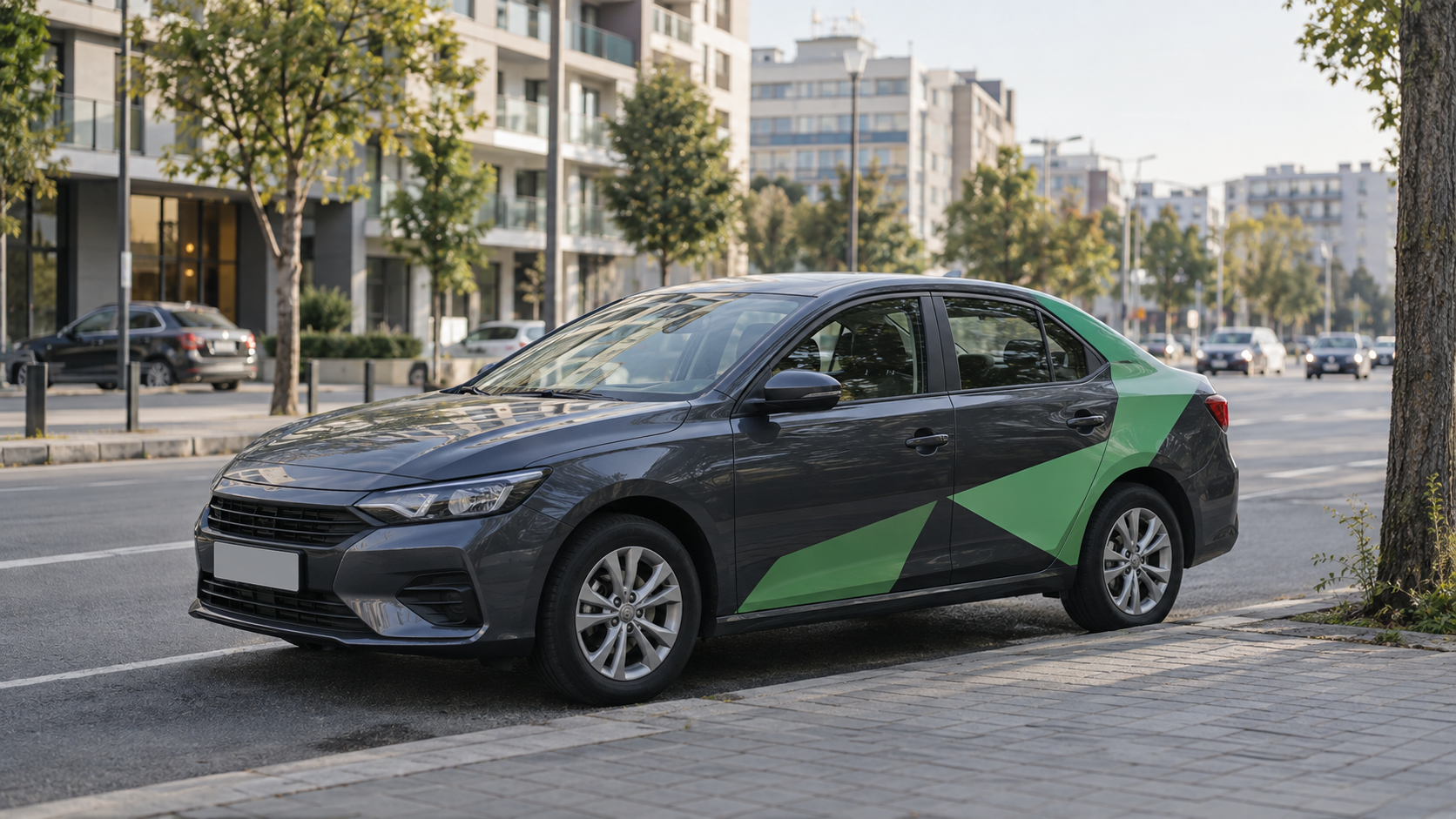 Template Masina de ridesharing cu elemente verzi de colantare bolt, parcata pe o strada urbana