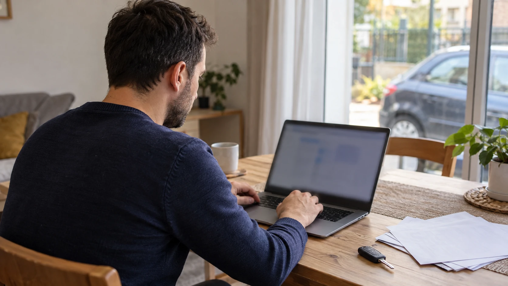 Sofer la laptop, pregatind documentele pentru ARR online transport alternativ.