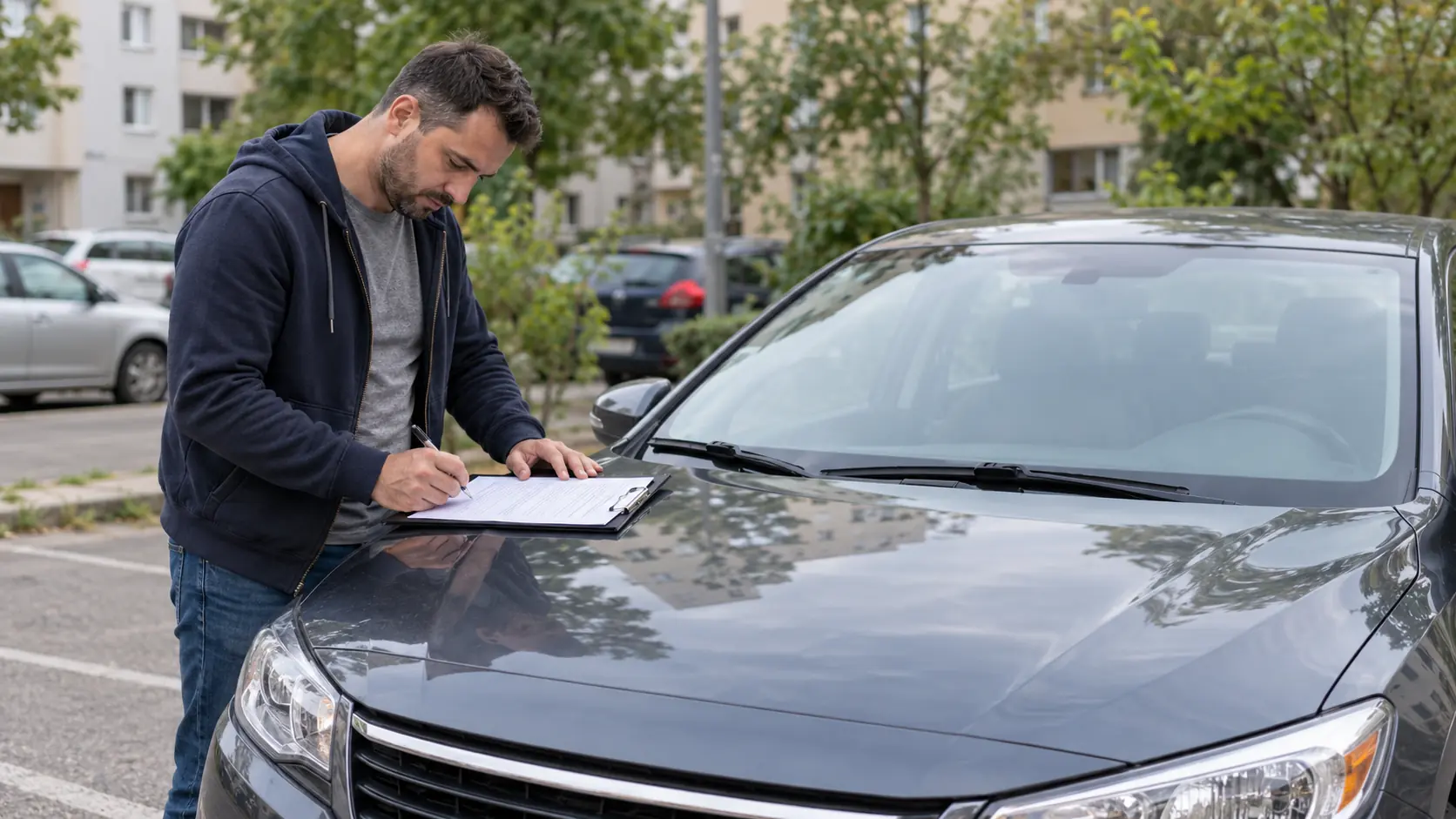 Sofer care completeaza un contract de comodat auto langa masina folosita pentru Uber si Bolt